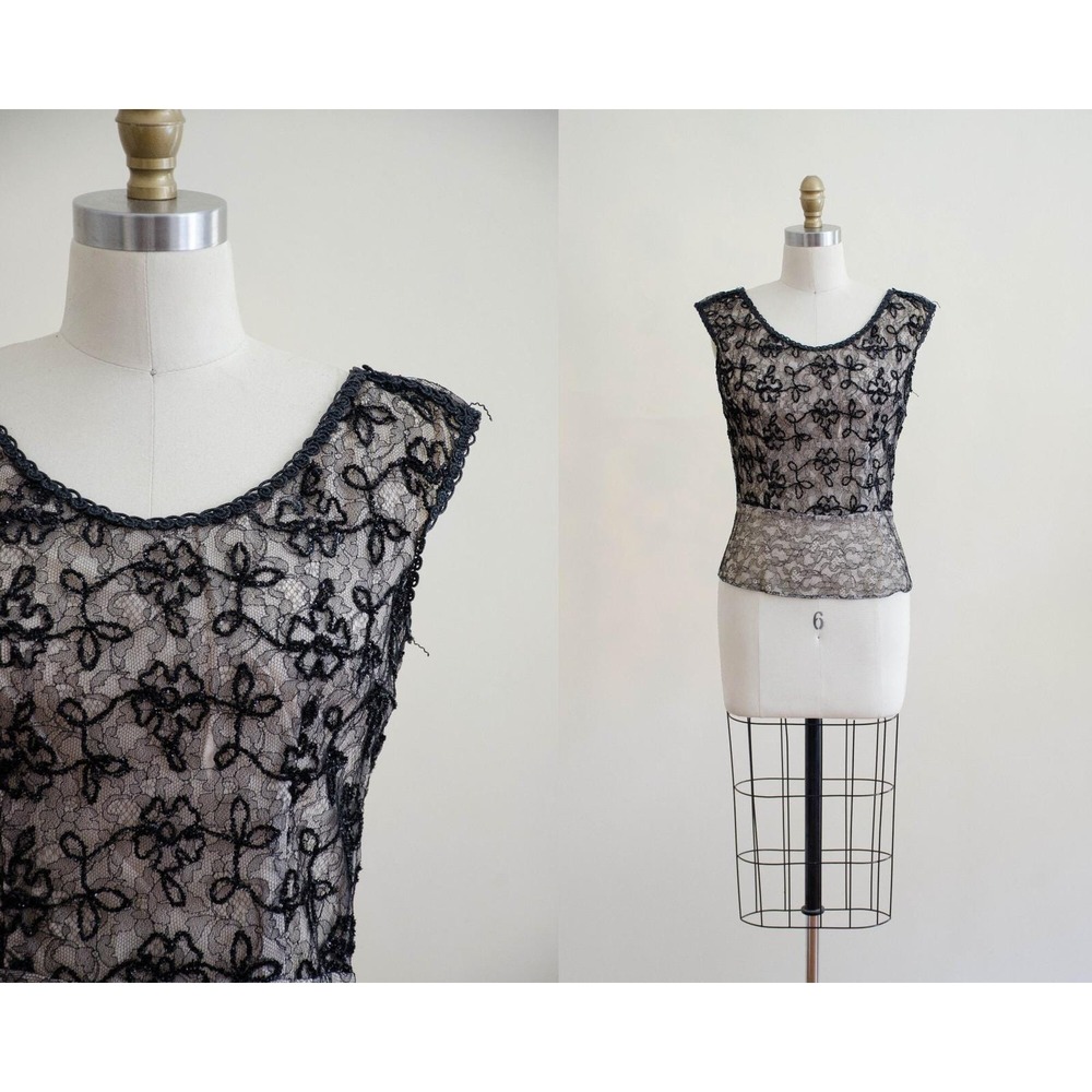 black lace shirt 1950s vtg floral lace illusion blouse